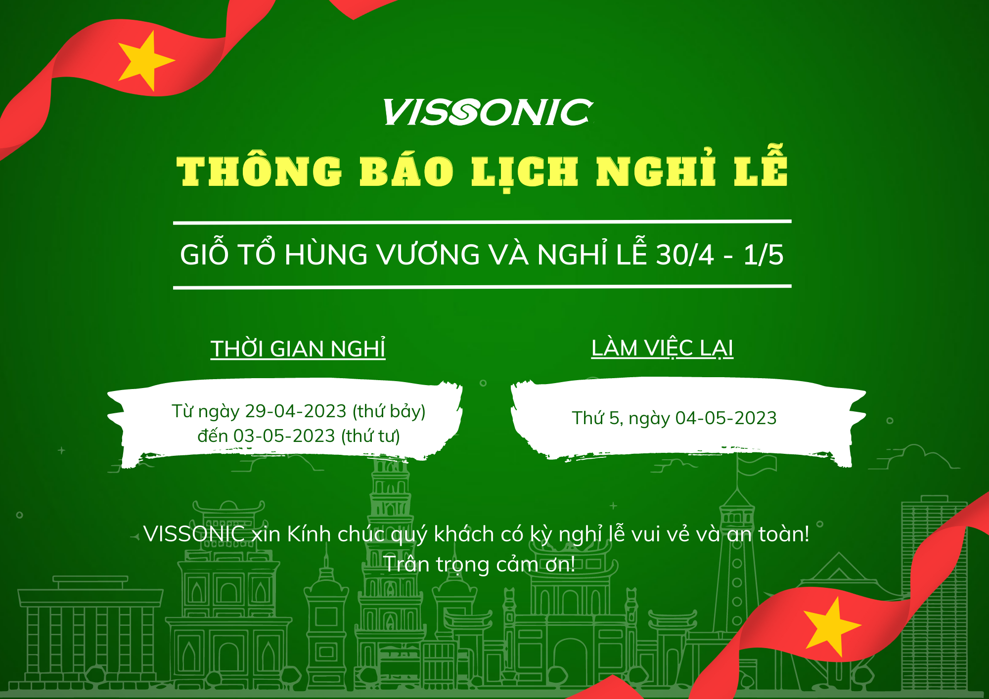 THÔNG BÁO LỊCH NGHỈ LỄ GIỖ TỔ HÙNG VƯƠNG VÀ NGÀY GIẢI PHÓNG MIỀN NAM, QUỐC TẾ LAO ĐỘNG