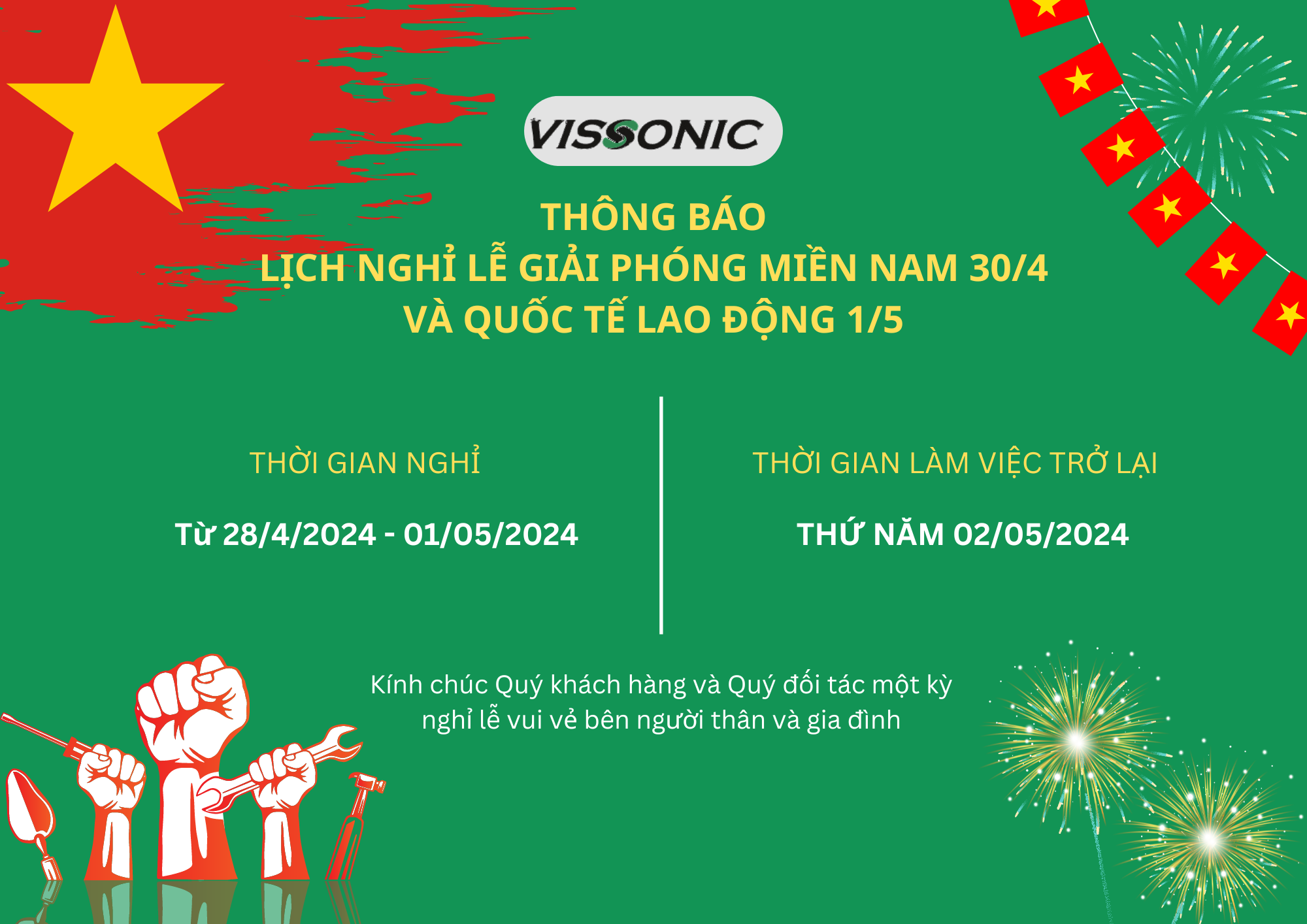 VISSONIC THÔNG BÁO LỊCH NGHỈ LỄ GIẢI PHÓNG MIỀN NAM 30/4 VÀ QUỐC TẾ LAO ĐỘNG 1/5