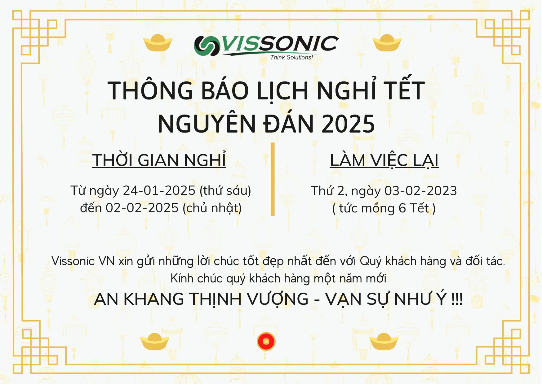 Thông Báo Lịch Nghỉ Tết Nguyên Đán 2025 – Vissonic VN