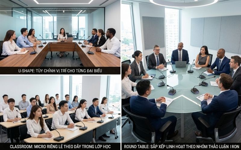 Tự do sắp xếp vị trí micro theo từng loại hình cuộc họp (U-shape, Classroom, Round Table)